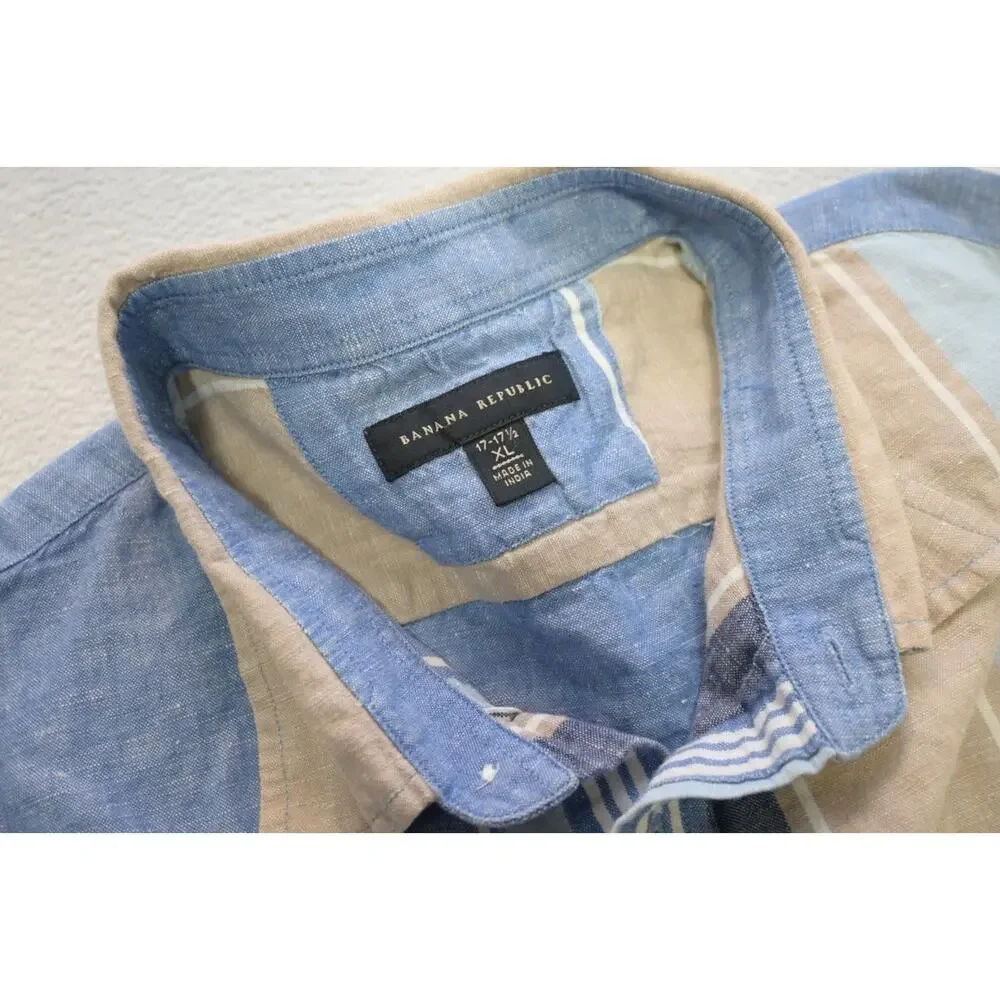 Banana Republic Linen Blend Button Up Shirt Striped Short‎ Sleeve Mens Sz XL
